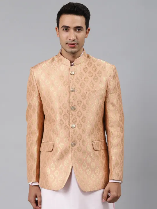 Men Peach Self-Design Slim Fit Bandhgala Blazer