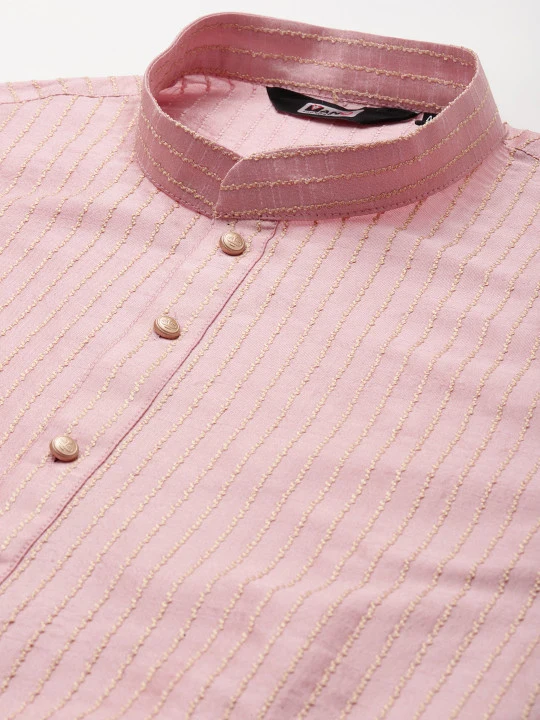 Men Pink Striped Regular Kurta with Pyjamas - Image 2
