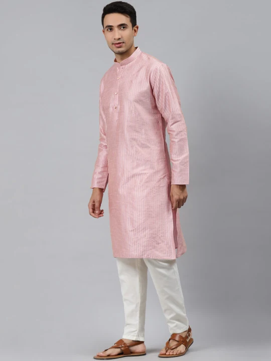 Men Pink Striped Regular Kurta with Pyjamas - Image 3