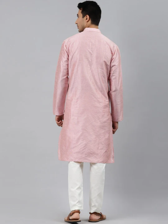 Men Pink Striped Regular Kurta with Pyjamas - Image 4