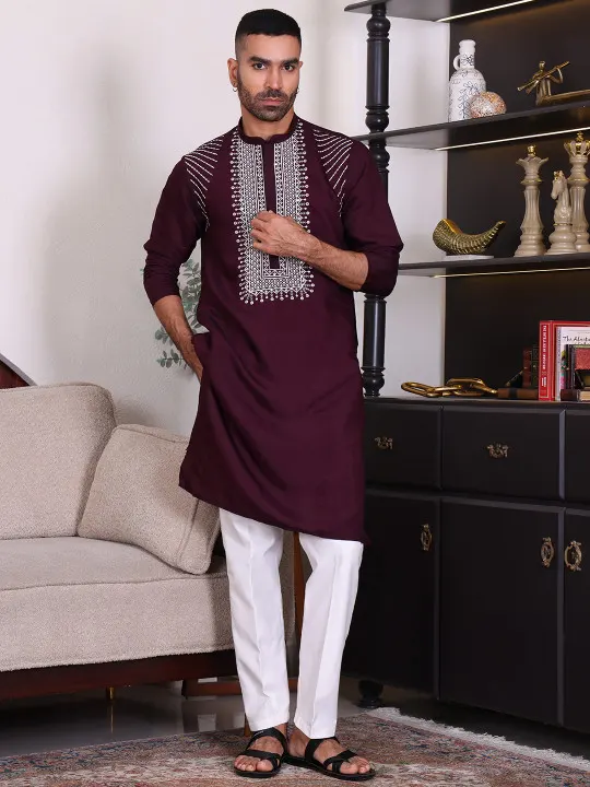 Men Sequinned Embroidered Thread Work Kurta With Trousers