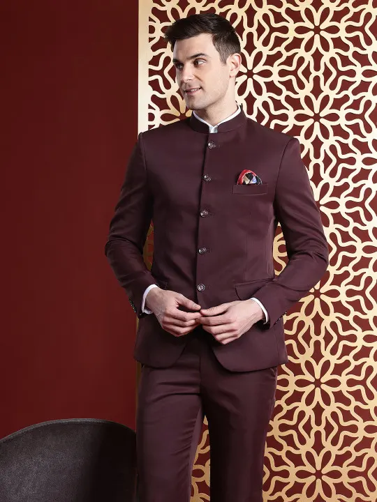 Men Slim Fit Burgundy Bandhgala Suit