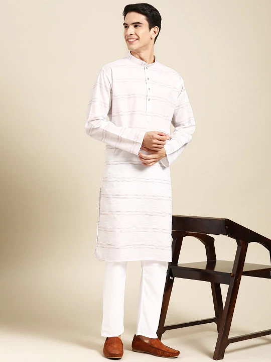 Men Striped Kantha Work Pure Cotton Kurta with Pyjamas - Image 2