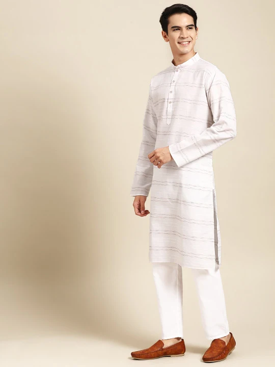 Men Striped Kantha Work Pure Cotton Kurta with Pyjamas - Image 3