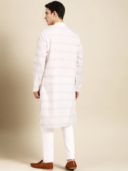 Men Striped Kantha Work Pure Cotton Kurta with Pyjamas - Image 4