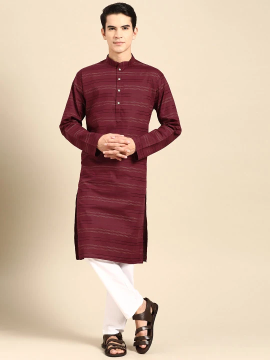Men Striped Regular Pure Cotton Kurta with Pyjamas3