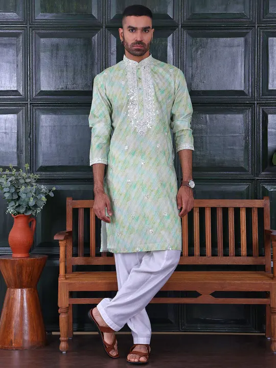 Men Cotton Blend Embroidered Regular Sequinned Kurta & Trousers