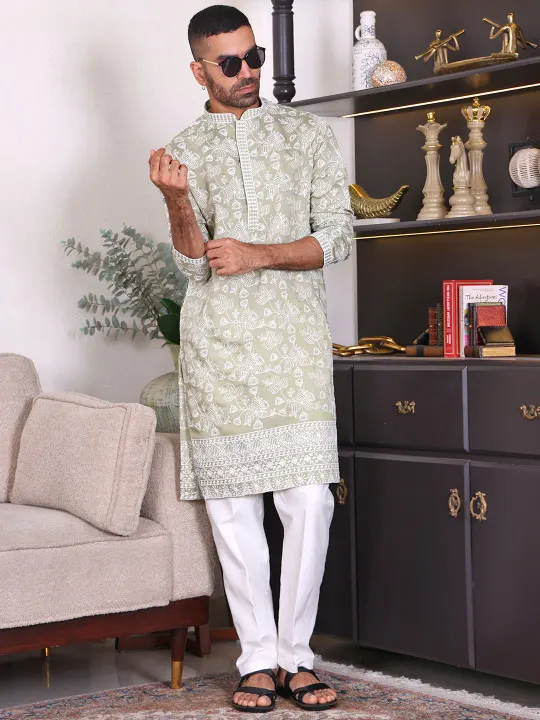 Men Sequined Embroidered Regular Kurta with Pyjama