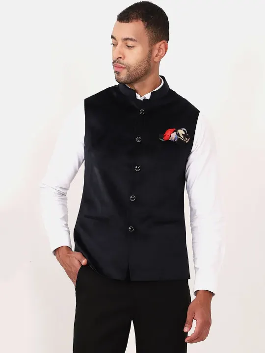 Mandarin Collar Neck Velvet Nehru Jacket