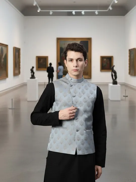 Men Woven Design Jaquard Silk Nehru Jacket